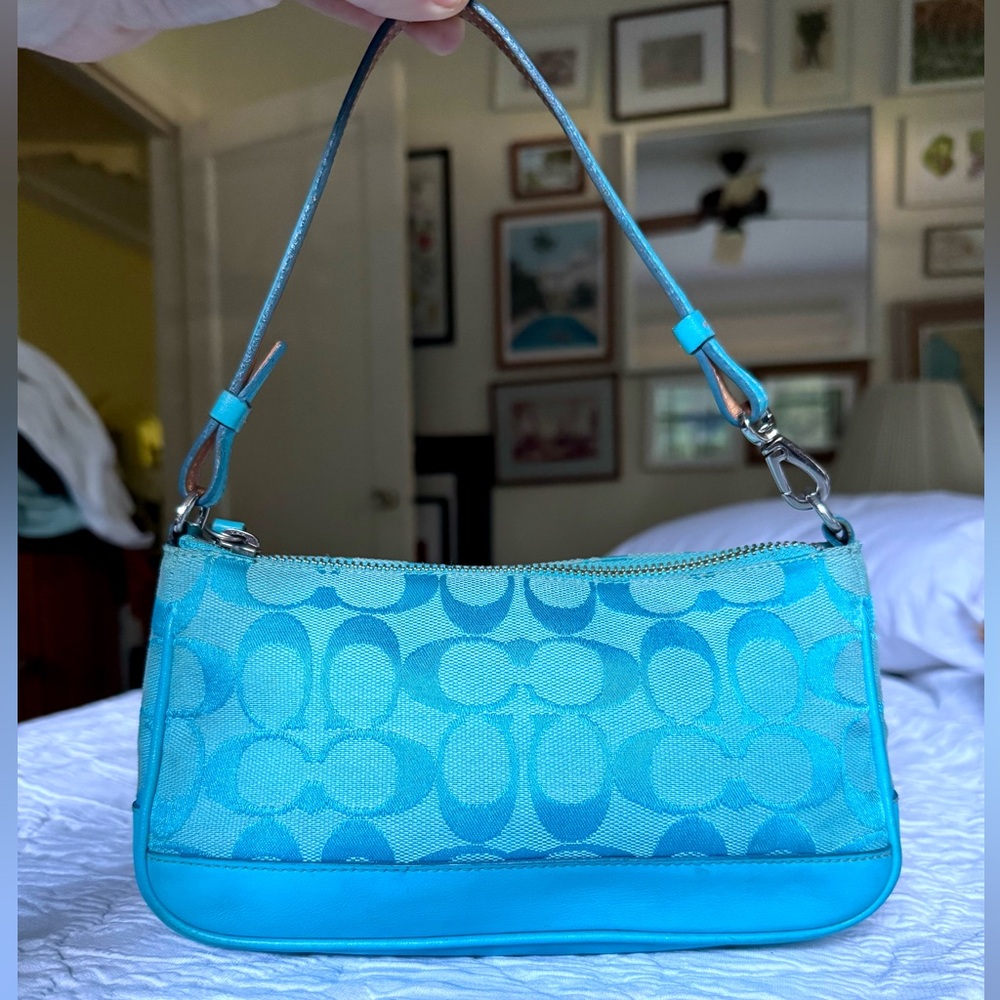 Vintage Coach Turquoise Demi Signature Jacquard Aquamarine Blue Bag + hangtag! - Picture 2 of 12